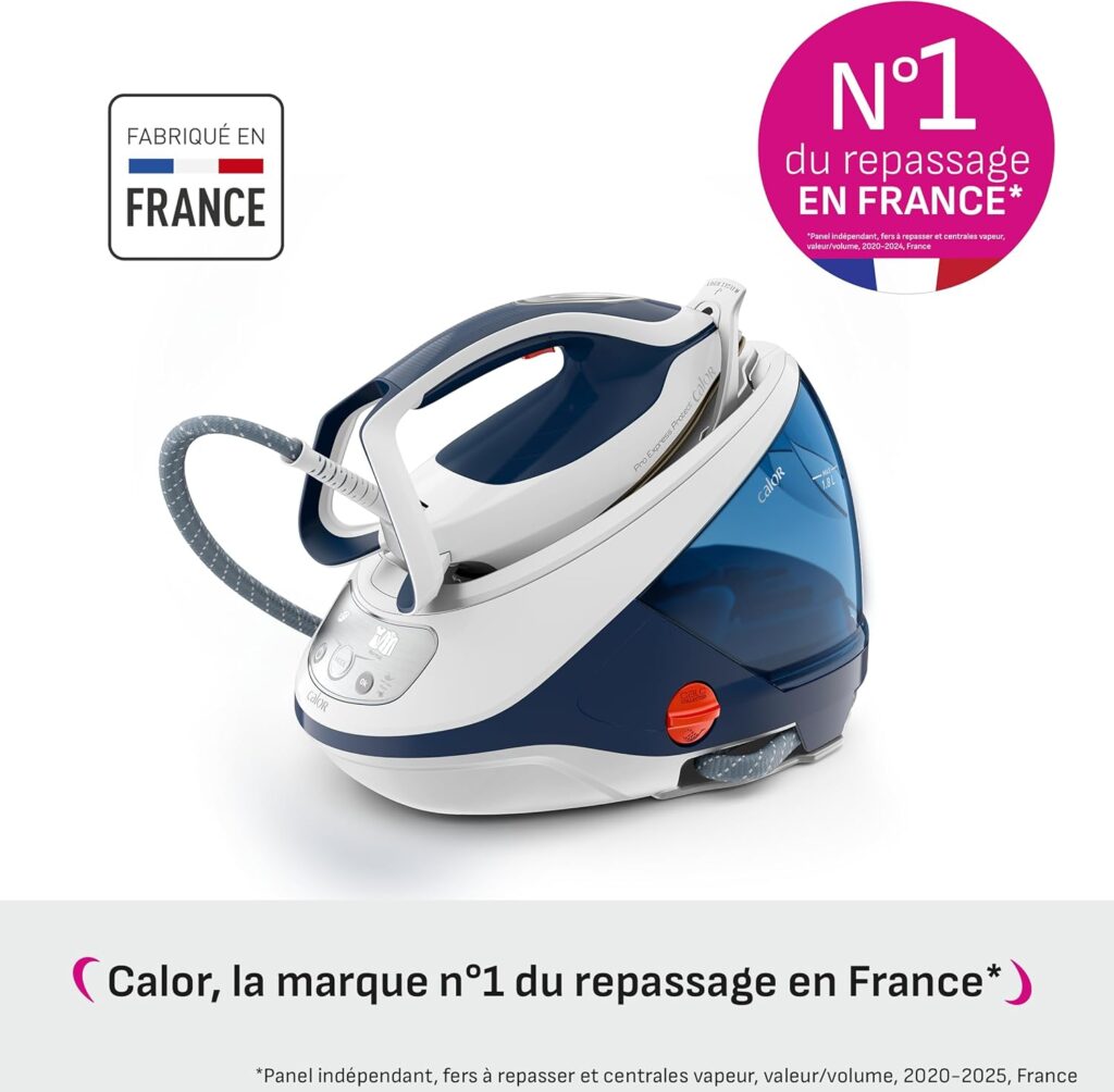 Centrale vapeur Calor bleue et blanche posée de profil avec repère MAX du réservoir