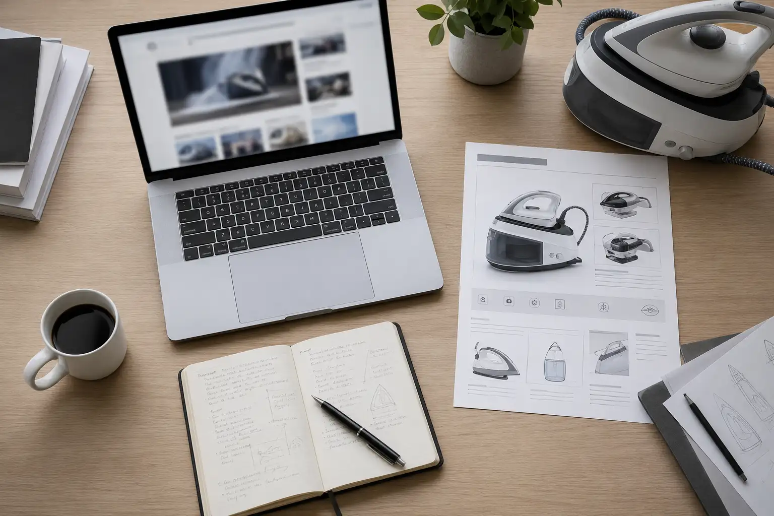 Bureau de rédaction avec ordinateur portable, notes manuscrites et documentation sur les centrales vapeur