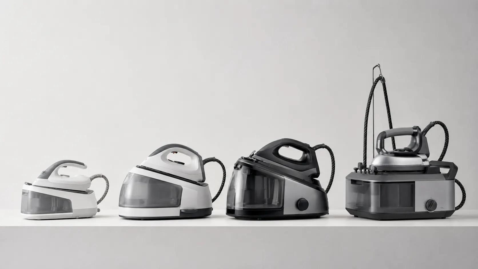 Plusieurs centrales vapeur de tailles et formats différents alignées sur fond clair