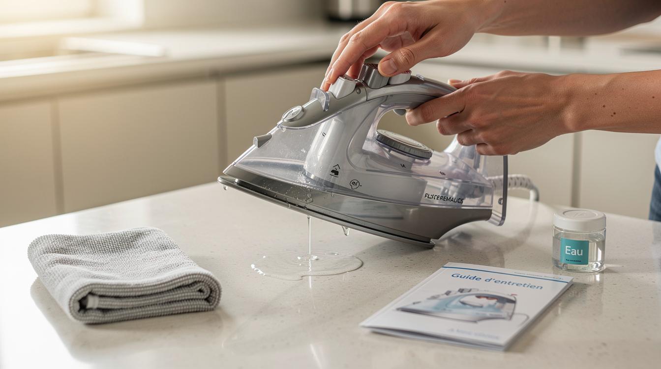Gros plan sur deux mains nettoyant le réservoir d'une centrale vapeur avec un chiffon doux dans une cuisine claire.
