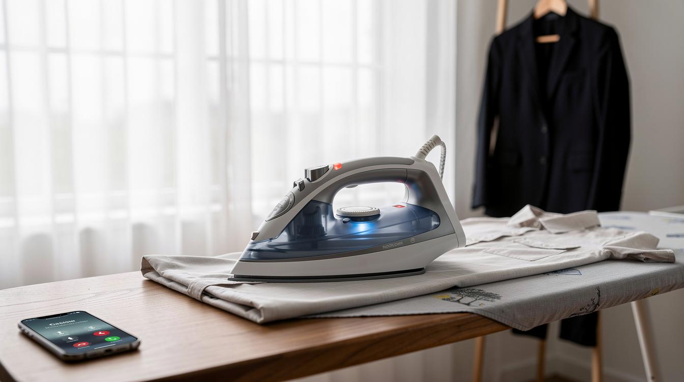 Fer à repasser moderne posé sur une table avec voyant d'arrêt automatique dans un intérieur lumineux, près de rideaux et d'un vêtement suspendu.