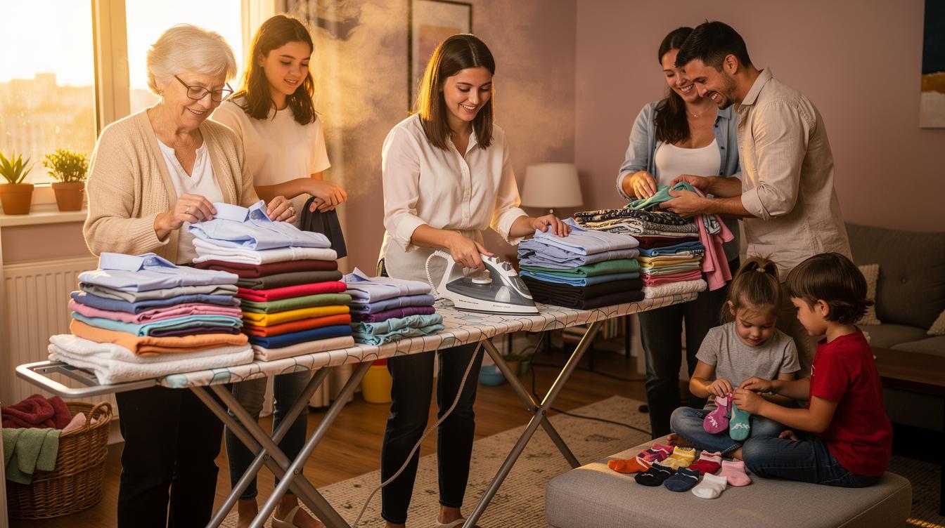 Grande famille autour d'une table à repasser recouverte de piles de linge, avec plusieurs vêtements triés et pliés dans une ambiance de fin de journée.