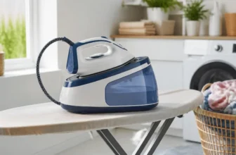 Centrale vapeur posée sur une table à repasser dans une buanderie claire