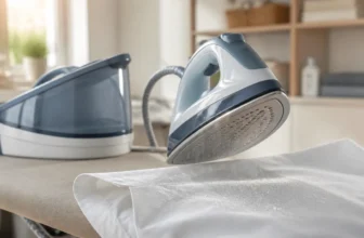 Centrale vapeur projetant des gouttes d'eau sur du linge posé sur une table à repasser
