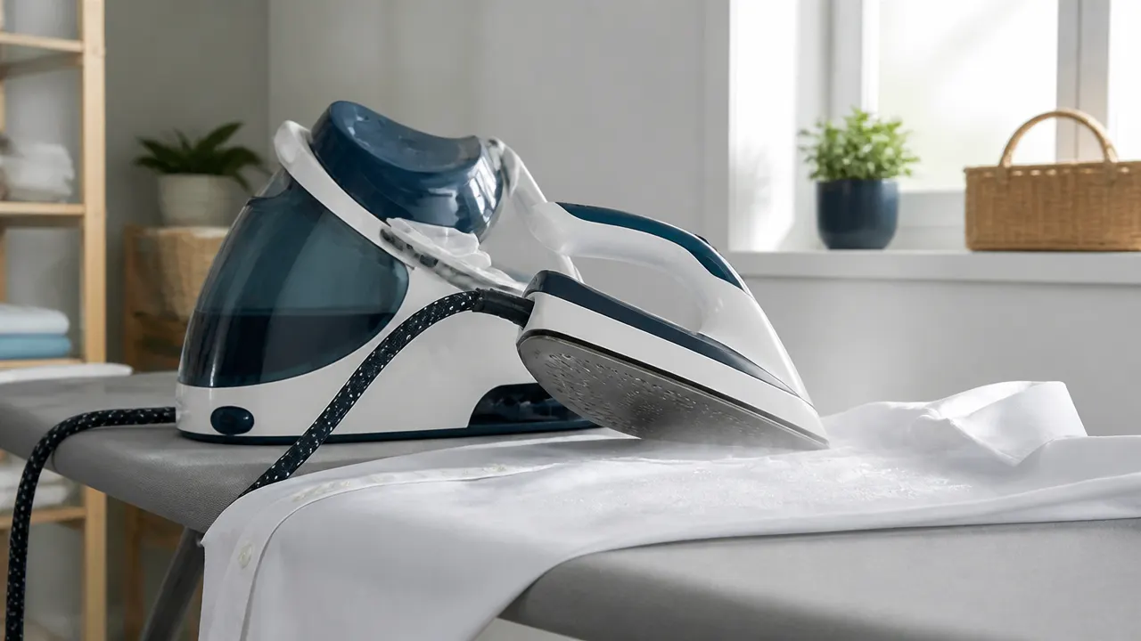 Centrale vapeur projetant des gouttes d'eau sur du linge posé sur une table à repasser