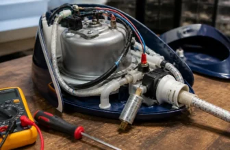 Centrale vapeur ouverte sur un établi avec une petite vanne électrique visible près de la chaudière