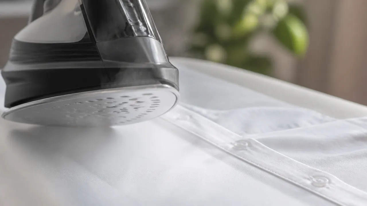 Semelle métallique d'un fer vapeur glissant sur une chemise blanche en coton