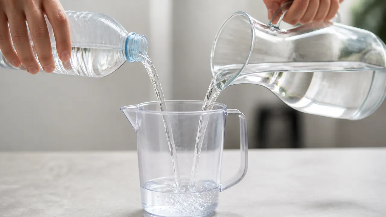 Préparation d'un mélange moitié eau du robinet moitié eau déminéralisée