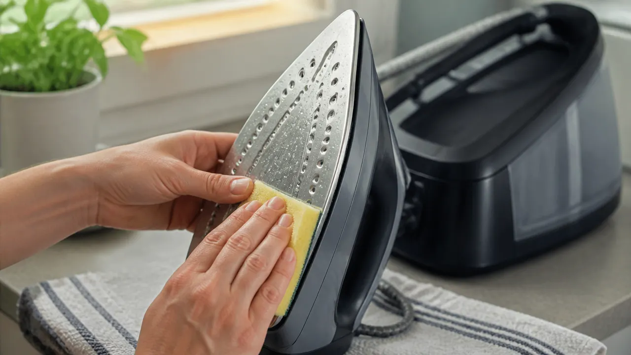 Nettoyage d'une semelle tiède de fer à l'aide d'une éponge humide non abrasive