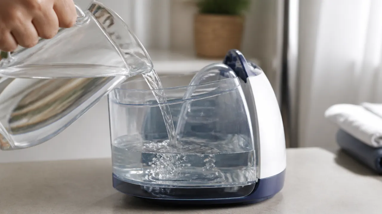 Carafe remplissant le réservoir transparent d'une centrale vapeur sans dépasser le niveau maximum