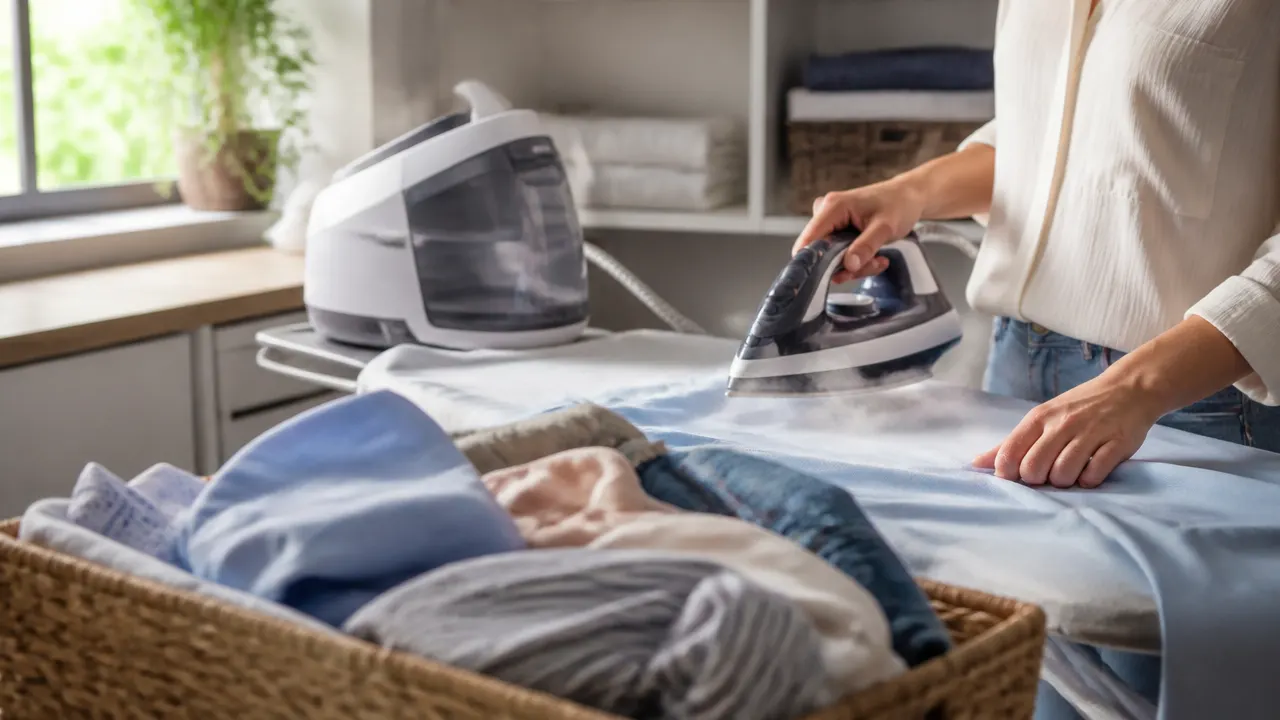 Centrale vapeur utilisée sur un panier de linge varié
