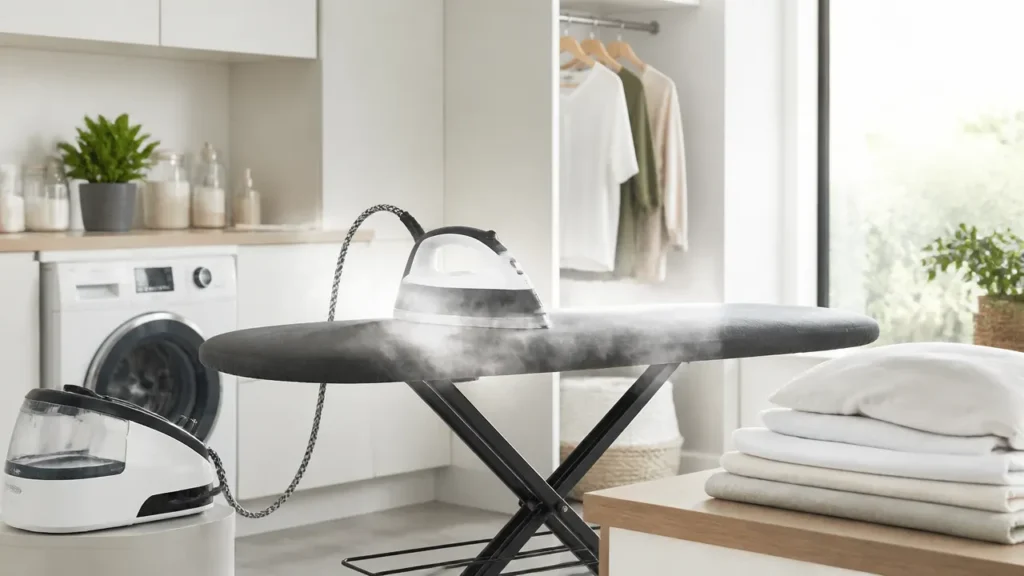 Grande table à repasser utilisée avec une centrale vapeur dans une buanderie