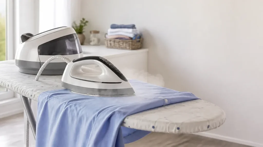 Centrale vapeur posée sur une table à repasser, fer sur une chemise en coton