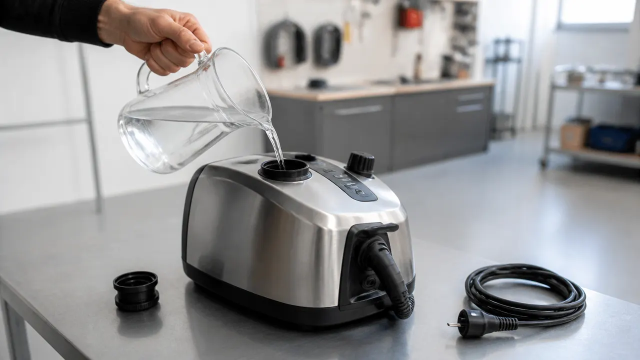 Main qui remplit d'eau un générateur de vapeur en inox débranché